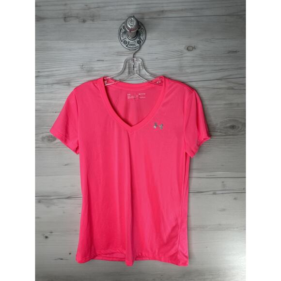 Under Armour Shirt Womens Small Pink Tech V-Neck HeatGear Loose Athletic 1255839 - Picture 1 of 9